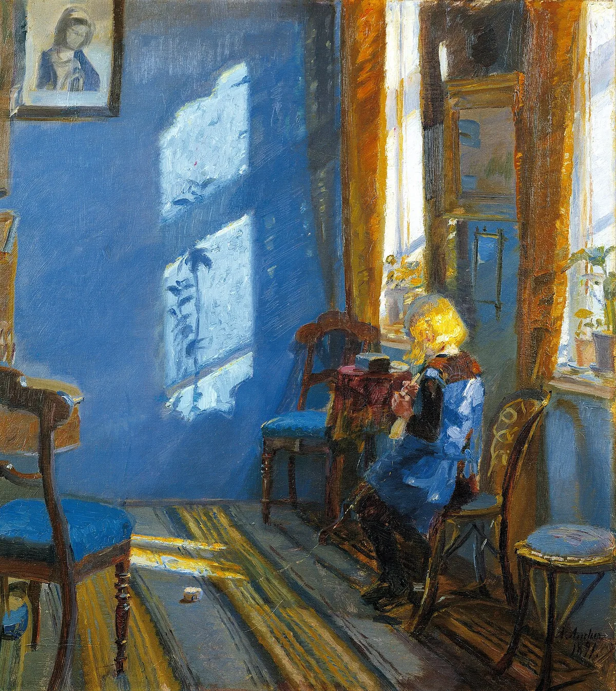 Schilderij van Anna Ancher waarop zonlicht door een raam heldere vlakken op een blauwe kamerwand werpt.