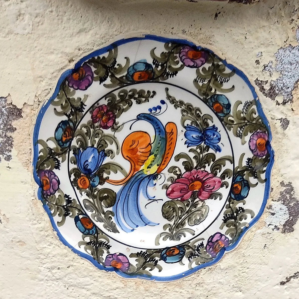 Handbeschilderd sierbord met een pauw tussen bloemen in blauw, roze en groen, hangend op een gepleisterde muur.